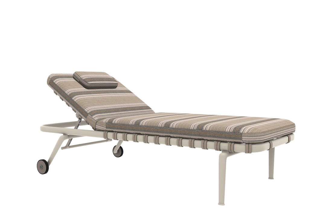 Sunbed with Wheels and Adjustable Back and Small Mattress and Headrest Cushion / Cream White/Beige Polypropylene / SILVIA Beige Tobacco Cat Super Fabric