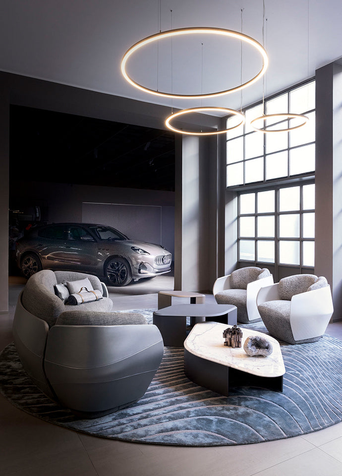 The Lorelei collection of armchairs and sofas inside the Maserati HQ in Modena. Photo c/o Giorgetti.
