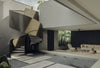 The dynamic sculptural staircase winds down to the basement level's landscaped courtyard, where views open up to spaces for social gathering.
