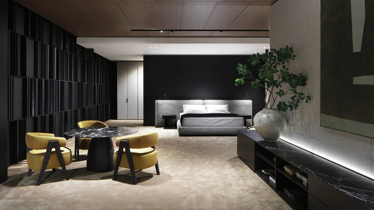 Loai armchairs and Monolith Indoor table and Brera bed
