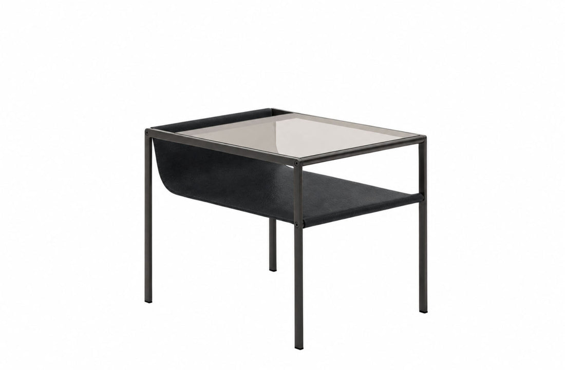 45x60x46 cm / KASIA Anthracite Leather / Transparent Extra Light Glass/Bronzed Nickel Painted