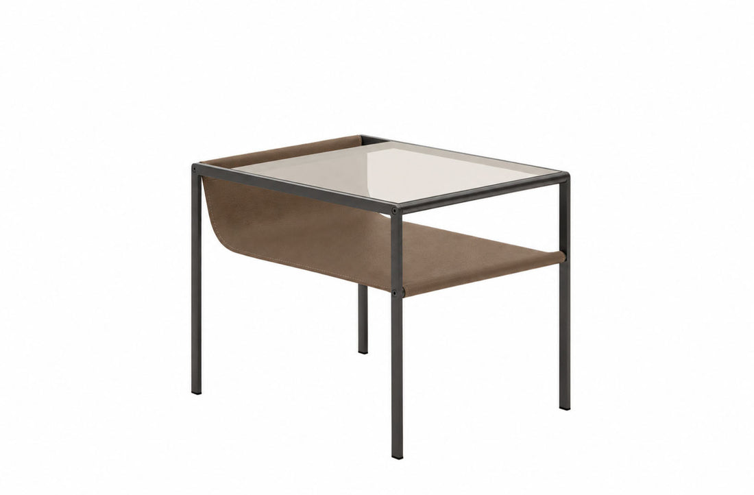 45x60x46 cm / KASIA Walnut Leather / Transparent Extra Light Glass/Bronzed Nickel Painted